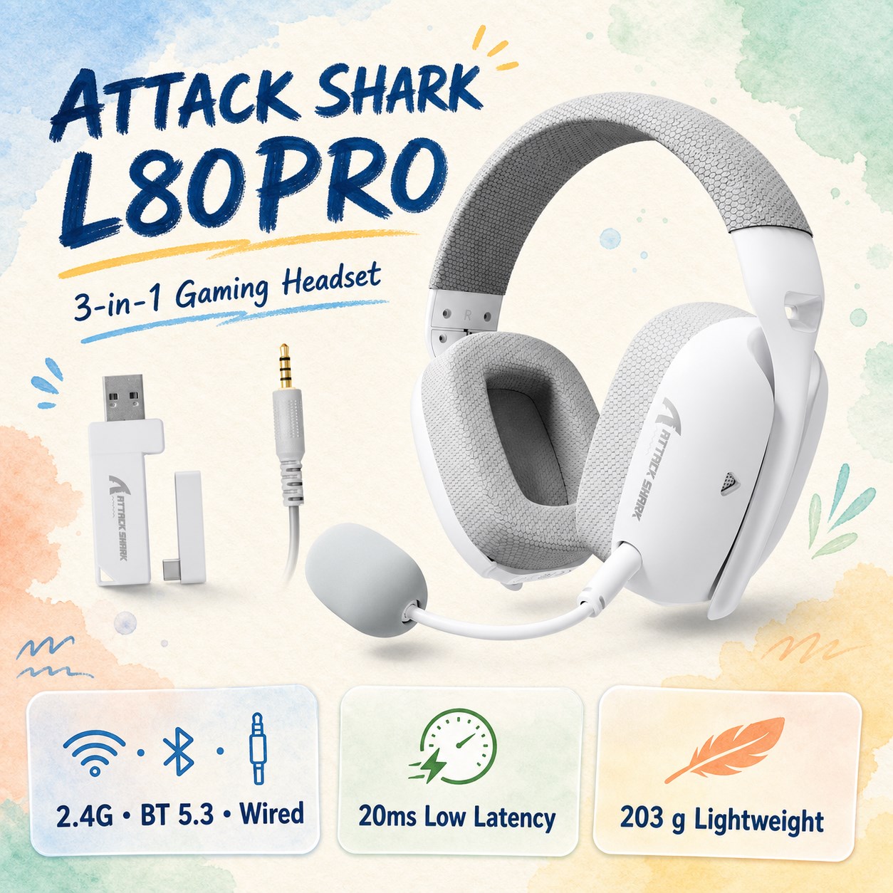 Esports Wireless Gaming Headset - ATTACK SHARK L80PRO Ultraleichtes 3-in-1 Gaming-Headset